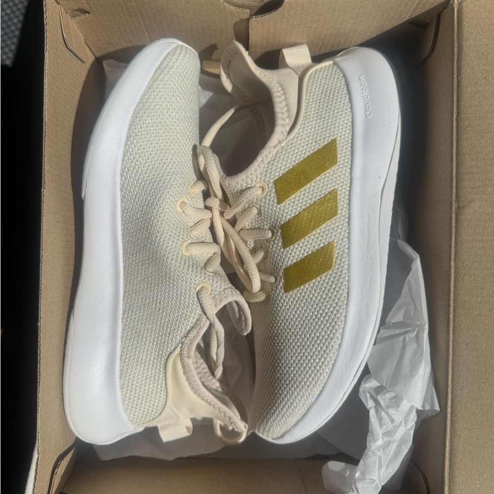 adidas Cream Knit Sneakers with Gold Three-Stripes